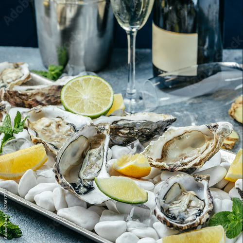 Oysters with wine, lemon, and ice. oysters dish. Oyster dinner with champagne in restaurant. banner, menu, recipe place for text, top view