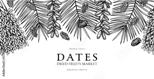 Hand drawn border design with date palm leaves and ripe fruit illustrations. Healthy food ingredients sketches isolated on chalkboard. Oriental sweets vector background. Vintage dried dates background