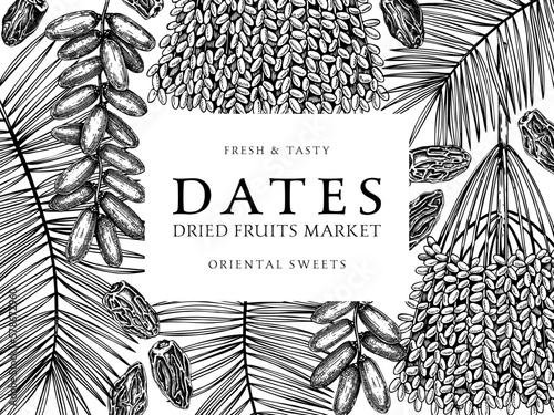 Sketched frame design with date palm leaves and dried fruits illustrations in engraved style. Hand drawn vegan food ingredients vector background. Oriental sweets sketches - dried dates banner
