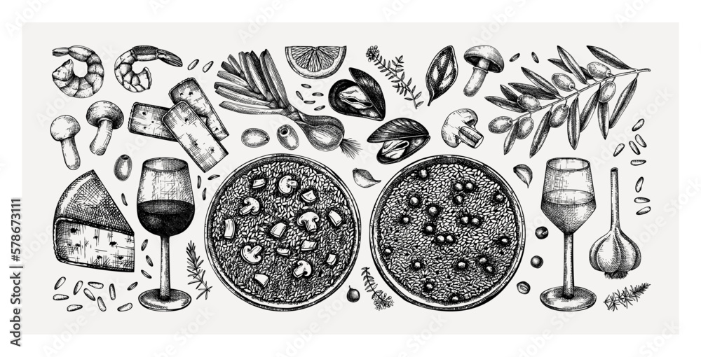 Naklejka premium Italian risotto cooking ingredients sketches collection. Wine drawings in vintage style. Hand drawn food and drinks vector illustrations. Classical Italian cuisine design elements for restaurant menu
