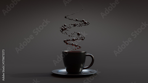 Black coffee mug and black circles gather together to form smoke. Designed in minimal concept. 3D Render.