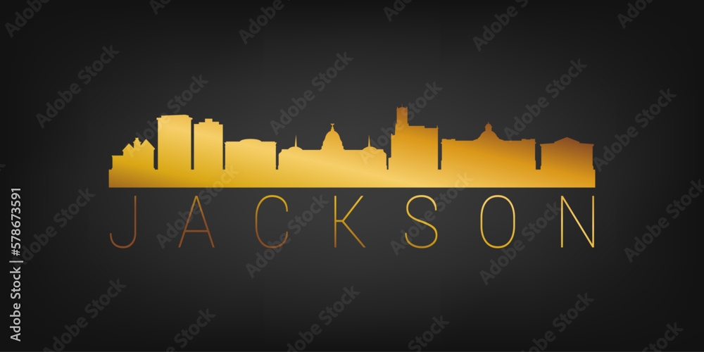 Obraz premium Jackson, MS, USA Gold Skyline City Silhouette Vector. Golden Design Luxury Style Icon Symbols. Travel and Tourism Famous Buildings.