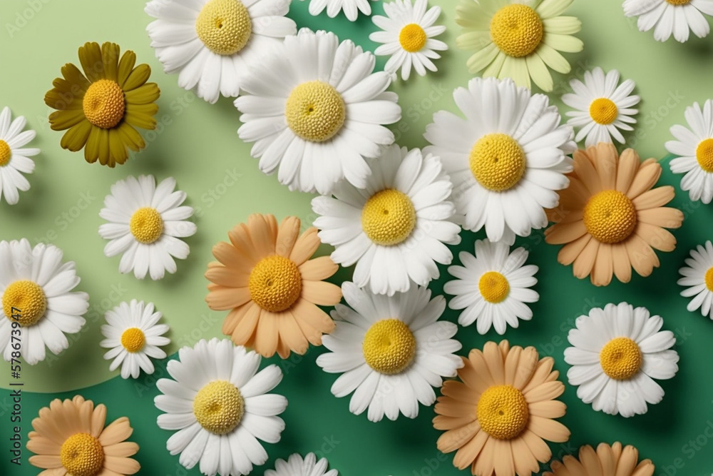 Fototapeta premium Floral camomile pattern on a blue background. Flatlay, top view, created by AI