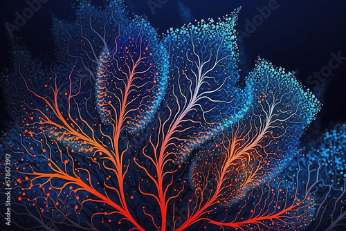 Orange tree shape coral, marine life, closeup underwater background, AI photo