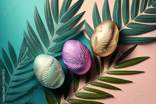 Easter decorated eggs on the palm leaves and colorblocks background, AI created photo