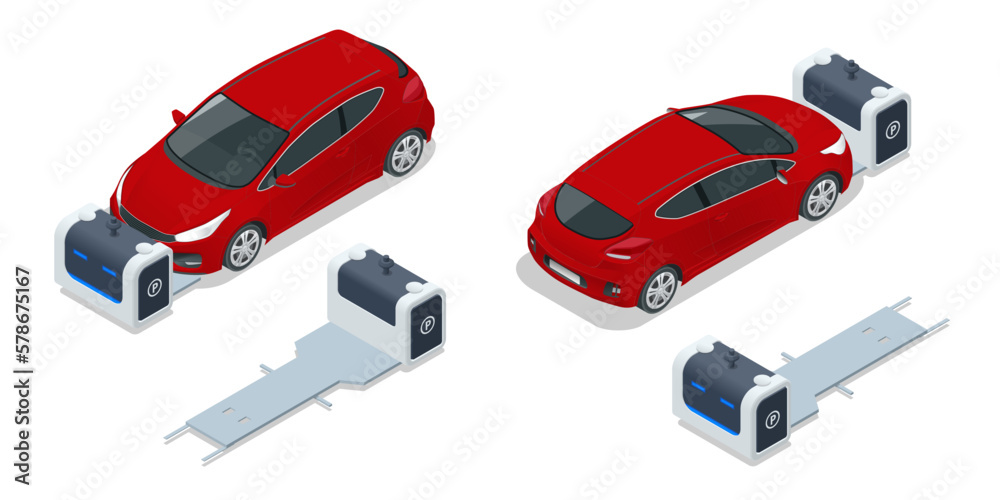 Isometric robot valet parking cars. Outdoor valet parking robot. Automated parking systems for cars Isometric robot valet parking cars. Outdoor valet parking robot. Automated parking systems for cars