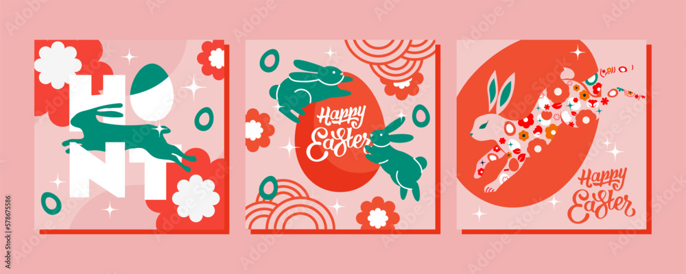 3 Illustrations for a happy Easter day in warm, spring colors. Modern design, minimalist style. This design will perfectly complement your project and make it more festive.