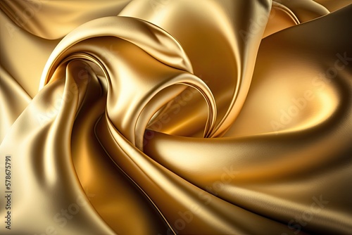 Gold satin textured background, rippled golden fabric.