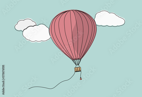 colored continuous single line drawing of hot air balloon, line art vector illustration