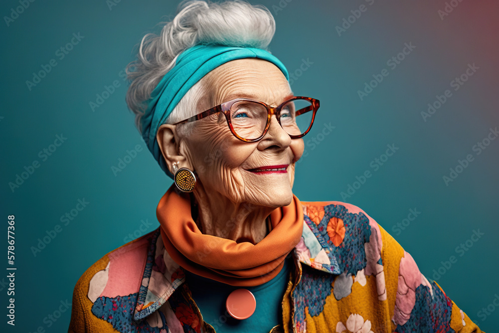 Happy and funny cool old lady with fashionable clothes on colored background  - Youthful grandmother with extravagant style, concepts about lifestyle,  seniority and elderly people. Generative AI Illustration Stock