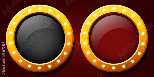 Blank background for casino. Empty background for placing elements on the theme of the casino. Red luxury background with a golden frame and light bulbs.