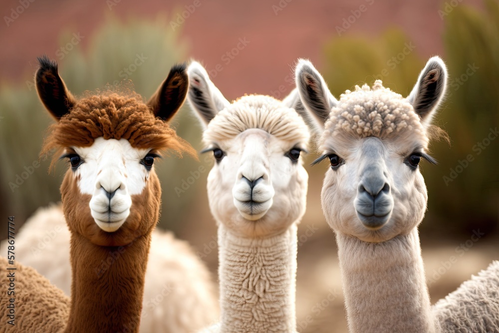 Obraz premium Three jovial alpacas, each sporting a pair of rabbit ears. Generative AI