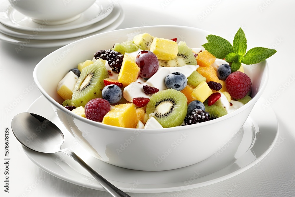 Fruit salad for weight loss, diet, and breakfast served in a white dish. Generative AI Fruit salad for weight loss, diet, and breakfast served in a white dish. Generative AI