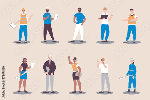 People work as engineers set in flat design. Men and women with helmets hold blueprints, architects, technician and builders. Bundle of diverse characters. Vector illustration isolated persons for web