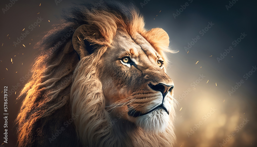 Fototapeta premium portrait of a lion at sunset in the savannah, generative ai