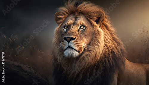 portrait of a lion at sunset in the savannah, generative ai