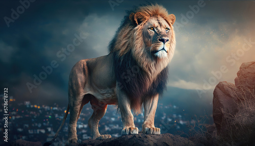 portrait of a majestic lion standing on a rock at sunset  generative ai