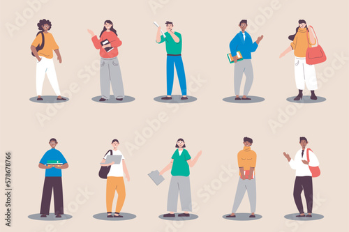 Students people set in flat design. Happy young women and men with backpack and books studying at university. Bundle of diverse multiracial characters. Vector illustration isolated persons for web