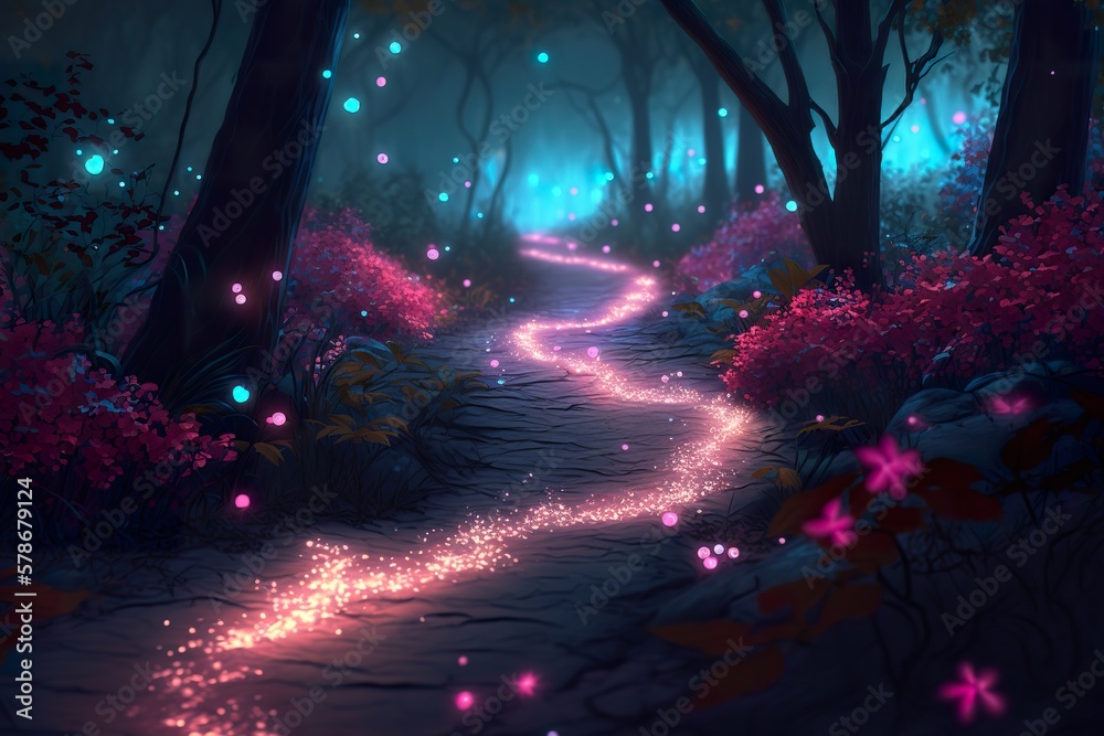 Fototapeta premium Bioluminescent road in forest created with Generative AI 