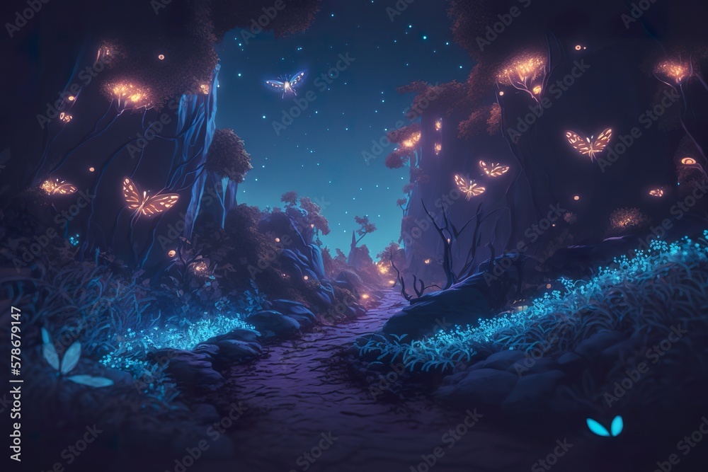 Obraz premium Bioluminescent road in forest created with Generative AI 
