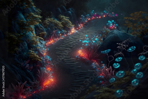 Bioluminescent road in forest created with Generative AI 
