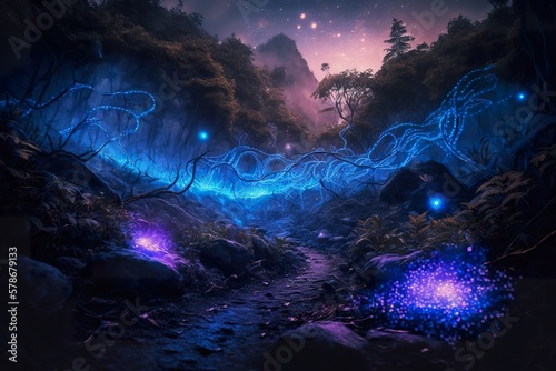 Bioluminescent road in forest created with Generative AI 