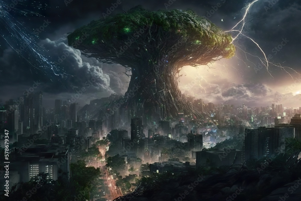 Storm over the giant tree created with Generative AI 