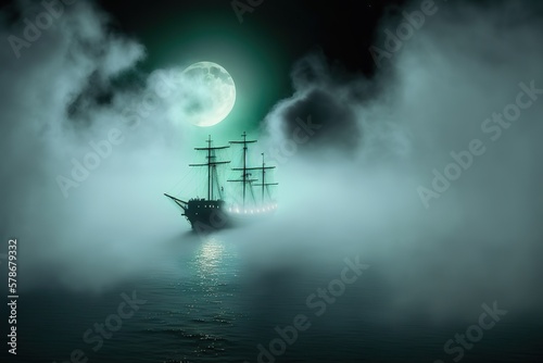 Ghost ship in foggy night created with Generative AI 