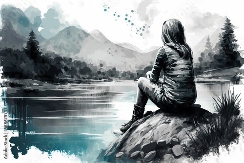 Lady sitting against river created with Generative AI 