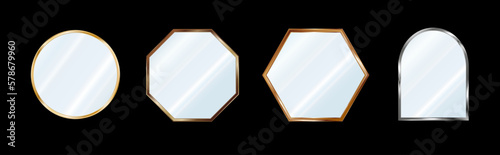 A set of mirrors of various shapes in silver, cooper, bronze and gold frames. Reflective glass plate. 3d vector illustration isolated on black background.