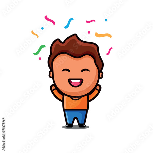Cute cartoon boy Leo celebrate wining moment vector . 
