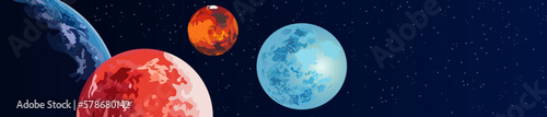 color vector illustration depicting planets in space as a decorative horizontal panorama for decorating interiors, stages and websites