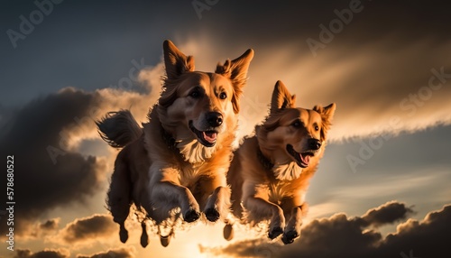 Dogs Flying Through the Clouds at golden hour. Bright sunlight and blue sky. Generative AI.