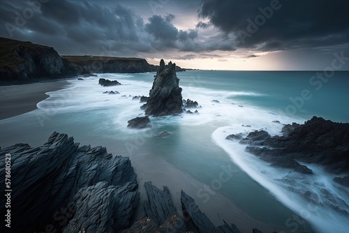 Peaceful and otherworldly seascape near Towan Head in Newquay, North Cornwall, UK. Generative AI photo