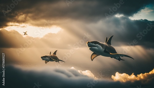 Sharks Flying Through the Clouds at golden hour. Bright sunlight and blue sky. Generative AI.