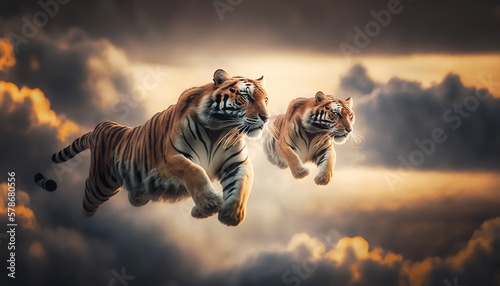 Tigers Flying Through the Clouds at golden hour. Bright sunlight and blue sky. Generative AI.