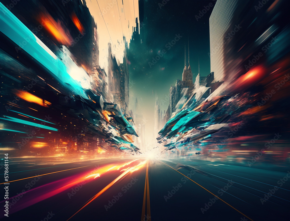 Abstract hyper speed in a mega city street background. Long exposure street and traffic lights. High speed motion blur background.
