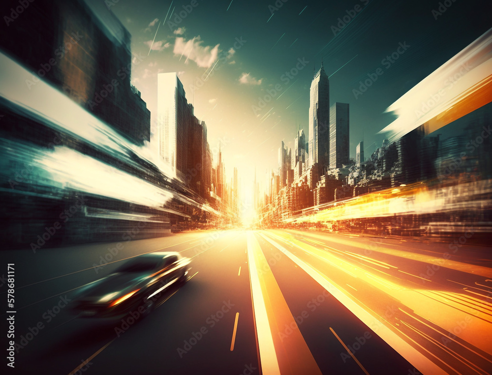 Abstract hyper speed in a mega city street background. Long exposure