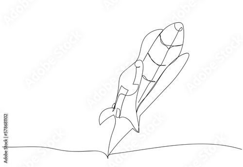 One continuous line drawing of simple retro spacecraft flying up to the outer space nebula. Rocket space ship launch into universe concept. Dynamic single line draw design vector graphic illustration