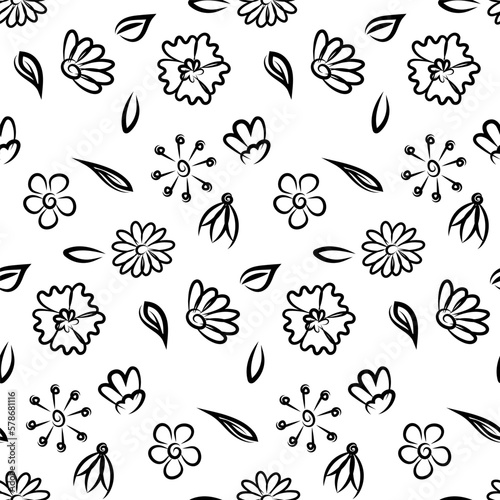 Seamless botanical pattern with hand drawn flowers and leaves on white. Abstract floral texture. Wrapping paper. Coloring