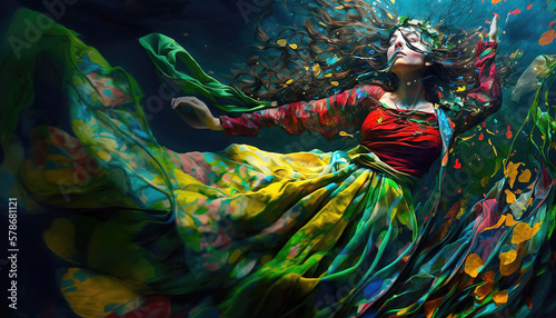 fantasy magic fairy, woman in colorful dress underwater, dance under the water, generative ai