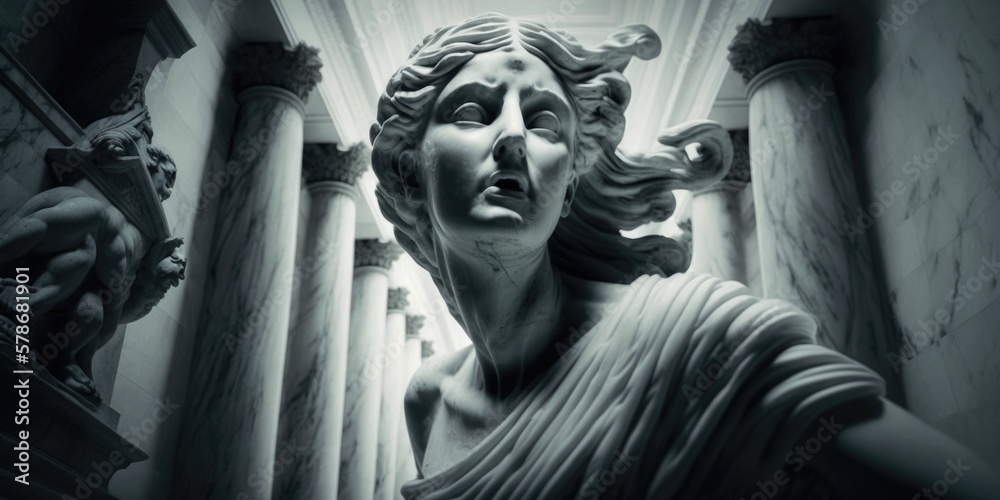 Imaginary ancient Greek goddess statue, intense epic portrayal and expressive emotional storytelling, carved relief marble, long exposure blurred - generative AI. Imaginary ancient Greek goddess statue, intense epic portrayal and expressive emotional storytelling, carved relief marble, long exposure blurred - generative AI.
