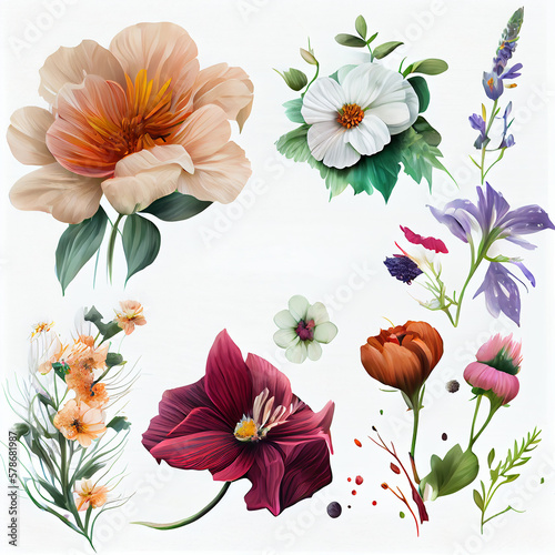 Hand drawn flowers collection. Colorful flowers isolated on white background. Generative AI