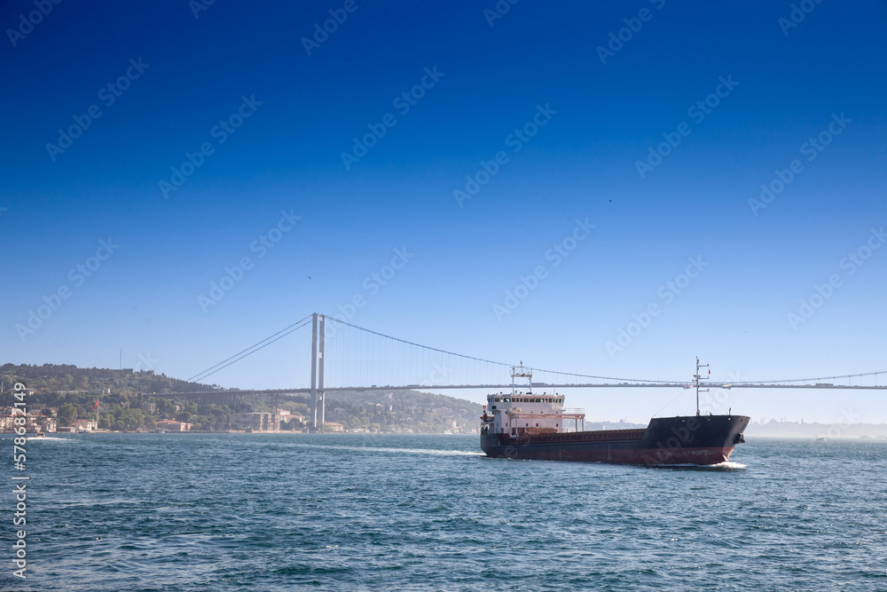 Selective blur on oil tanker carrying gas and petroleum cruising on the bosphorus strait in front of istanbul 15 july martyrs bridge for an international cargo mission. The bosporus strait has a speci