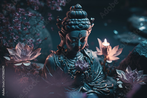 Meditation: Meditating Shiva statue in a calm night atmosphere | Generative AI Production
