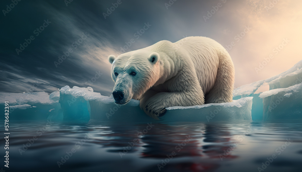 Polar bear on a piece of ice, Global Warming, Generative AI