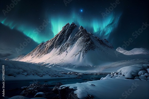 northern light in the sky, snowy mountains, AI Generated