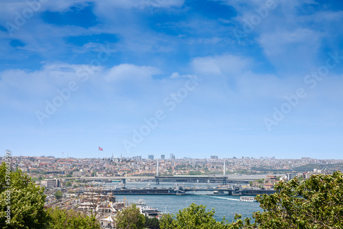 Panorama of the Golden Horn, on the Bosphorus strait in Istanbul, Turkey, with the bridges of Galata and Halic. These are major links on the European side of Istanbul.