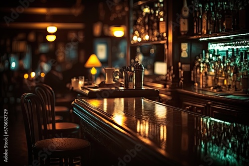 The bar's dim lighting and the retro wood desk in the background are out of focus. Generative AI