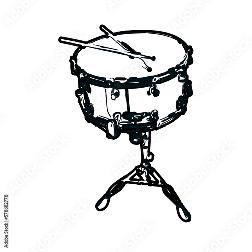 Black and white sketch of a drum musical instrument with transparent background